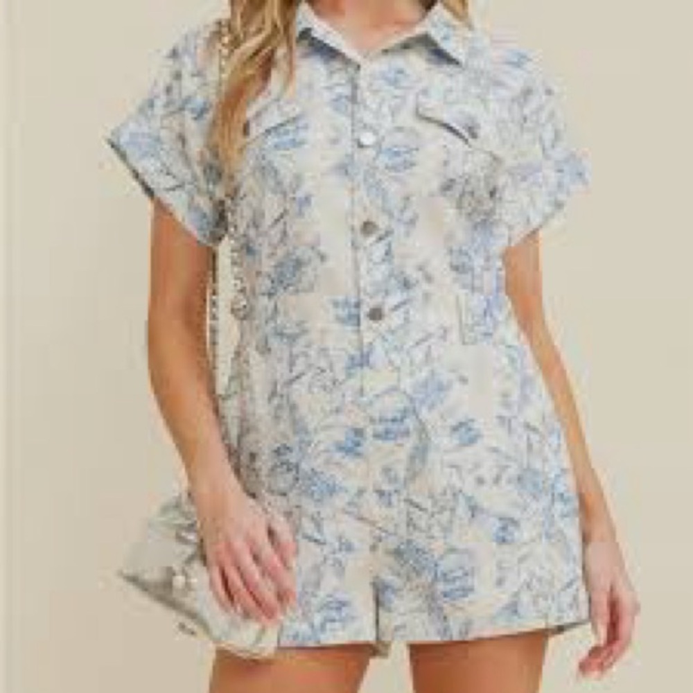 Floral Blue and Cream Jumpsuit - Picture 2 of 6